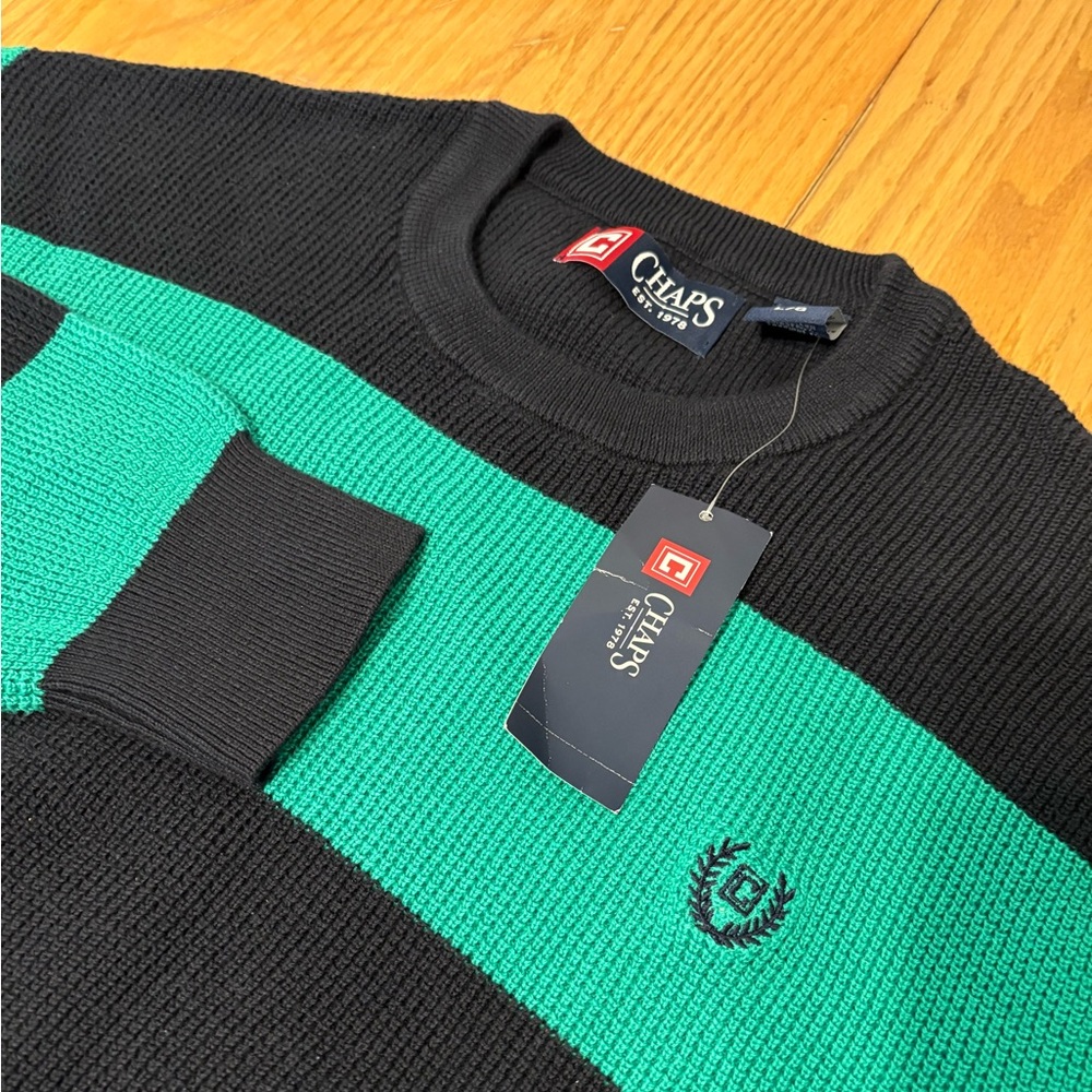 Chaps Men's Sweater in Black and Teal NWT Large Rugby Crewneck Pullover